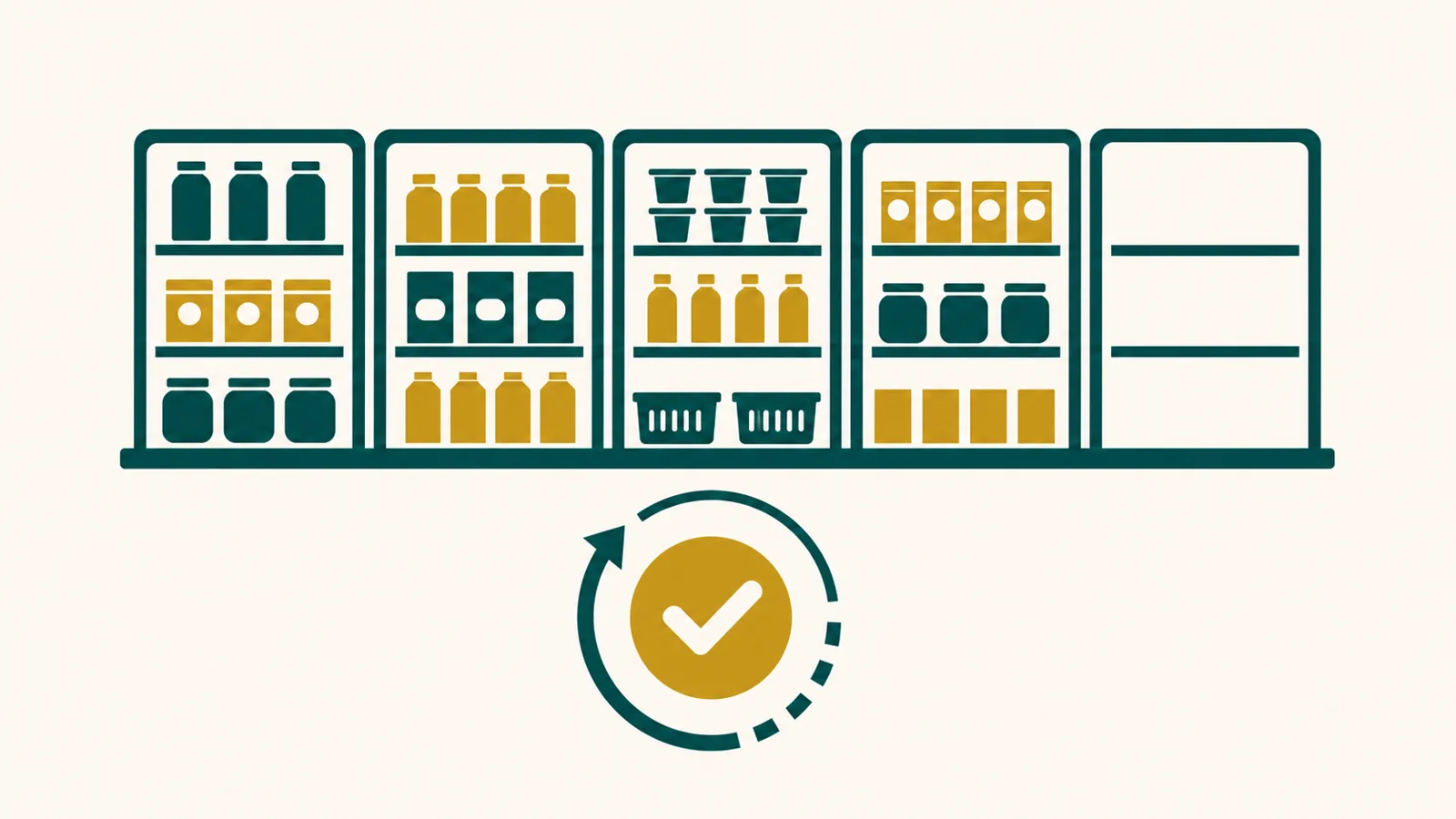 Icon-only infographic of three channels connecting to one shelf, representing digital shelf availability UAE
