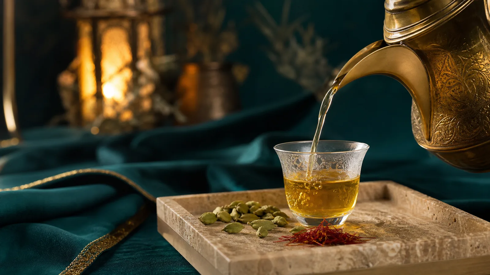 Karak tea being poured into small glass cups