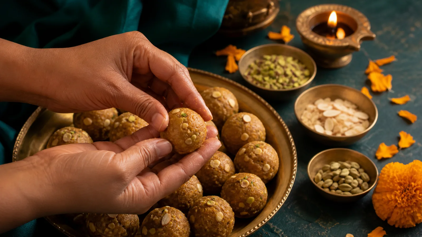 UAE pantry staples for an easy mithai recipe, including besan, ghee, and dried fruit