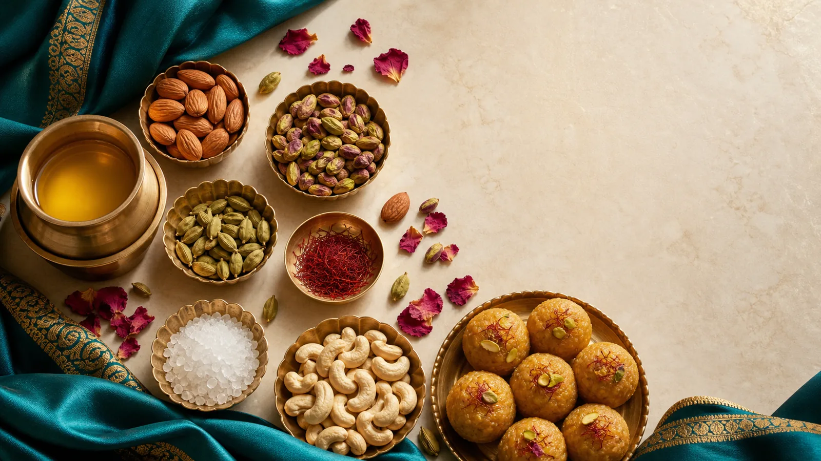 A homemade Diwali gift hamper with ladoo, barfi, and mixed nuts ready for gifting