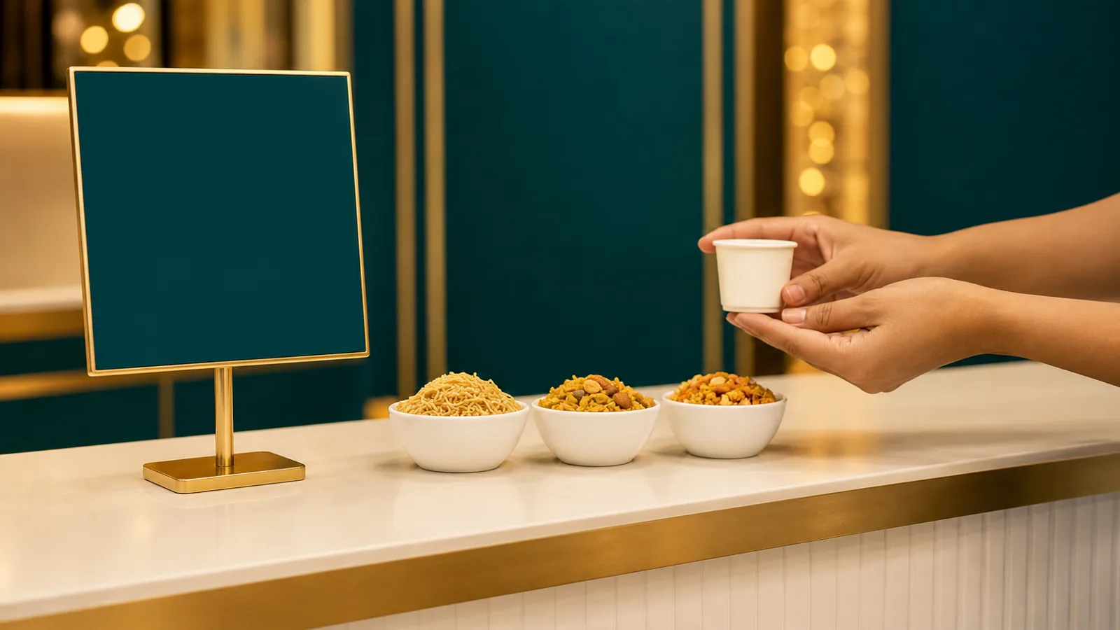 Hands offering a product sample at a tasting table during a UAE in-store activation