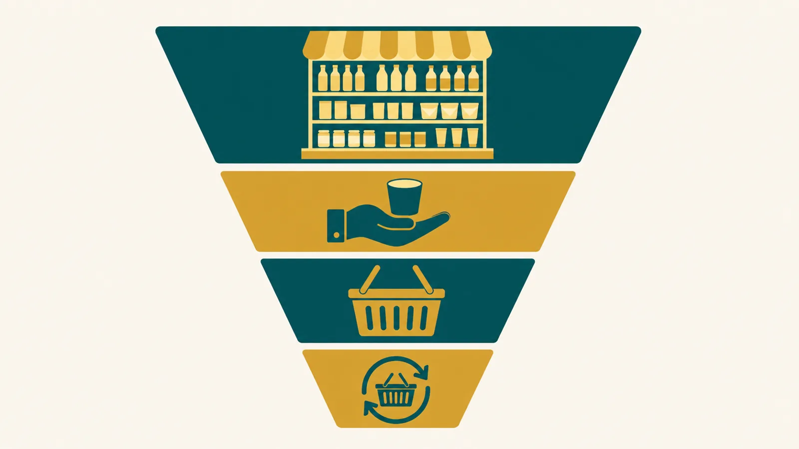Simple icon diagram of a store layout showing sampling, aisle and end-cap display zones