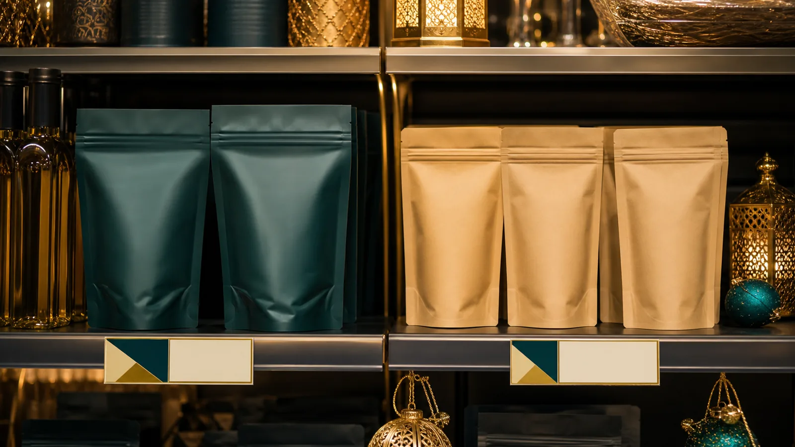 Hands comparing a value pack and a premium branded pack on a UAE grocery shelf