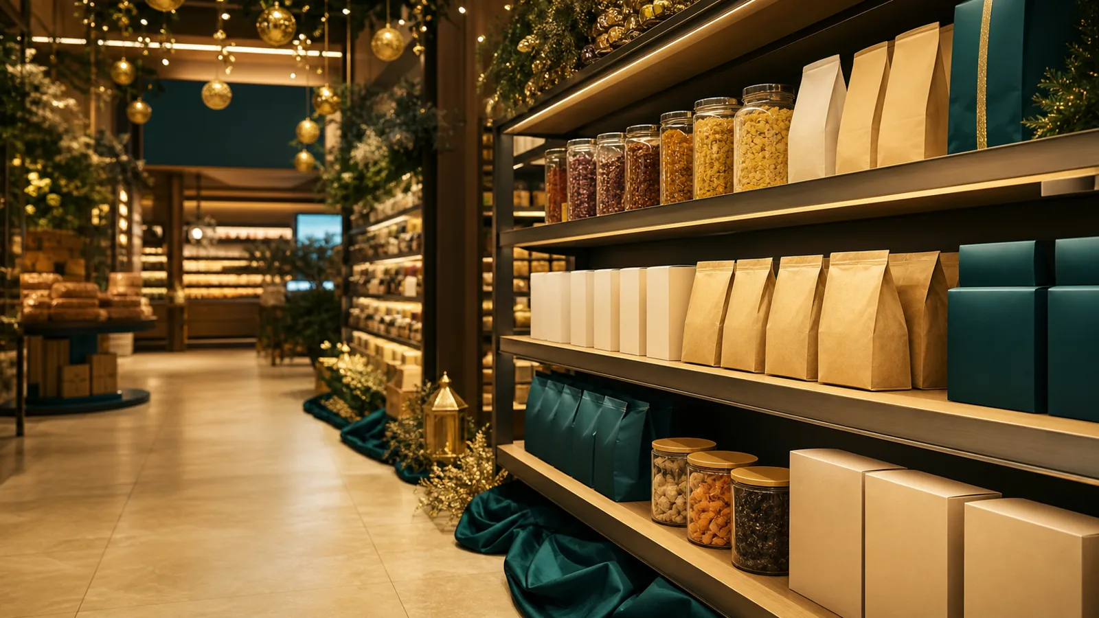 Small curated festive product display on a traditional trade baqala shelf in the UAE