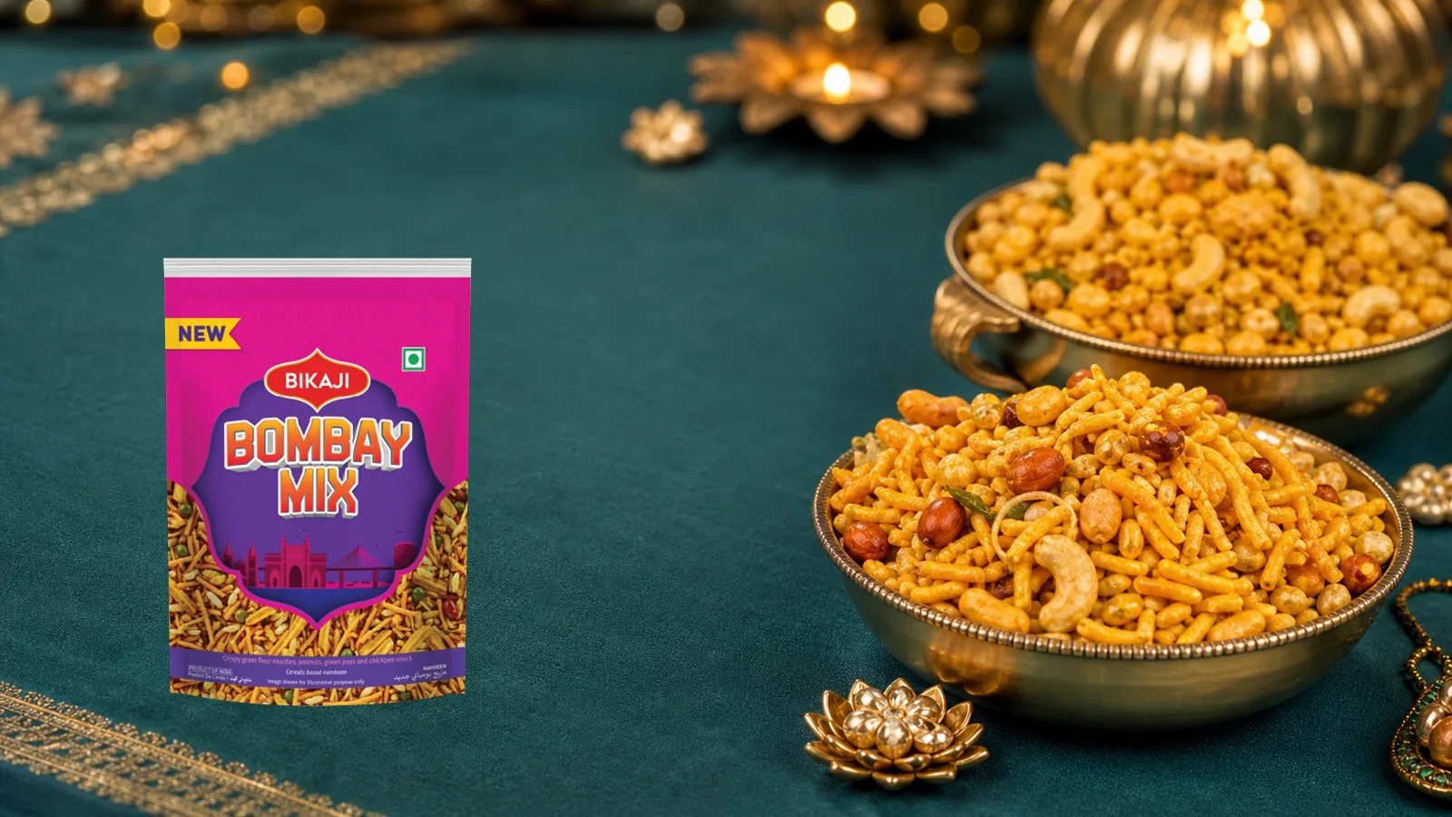 Namkeen party spread with three bowls of bhujia, chana mix, and nut namkeen for Diwali