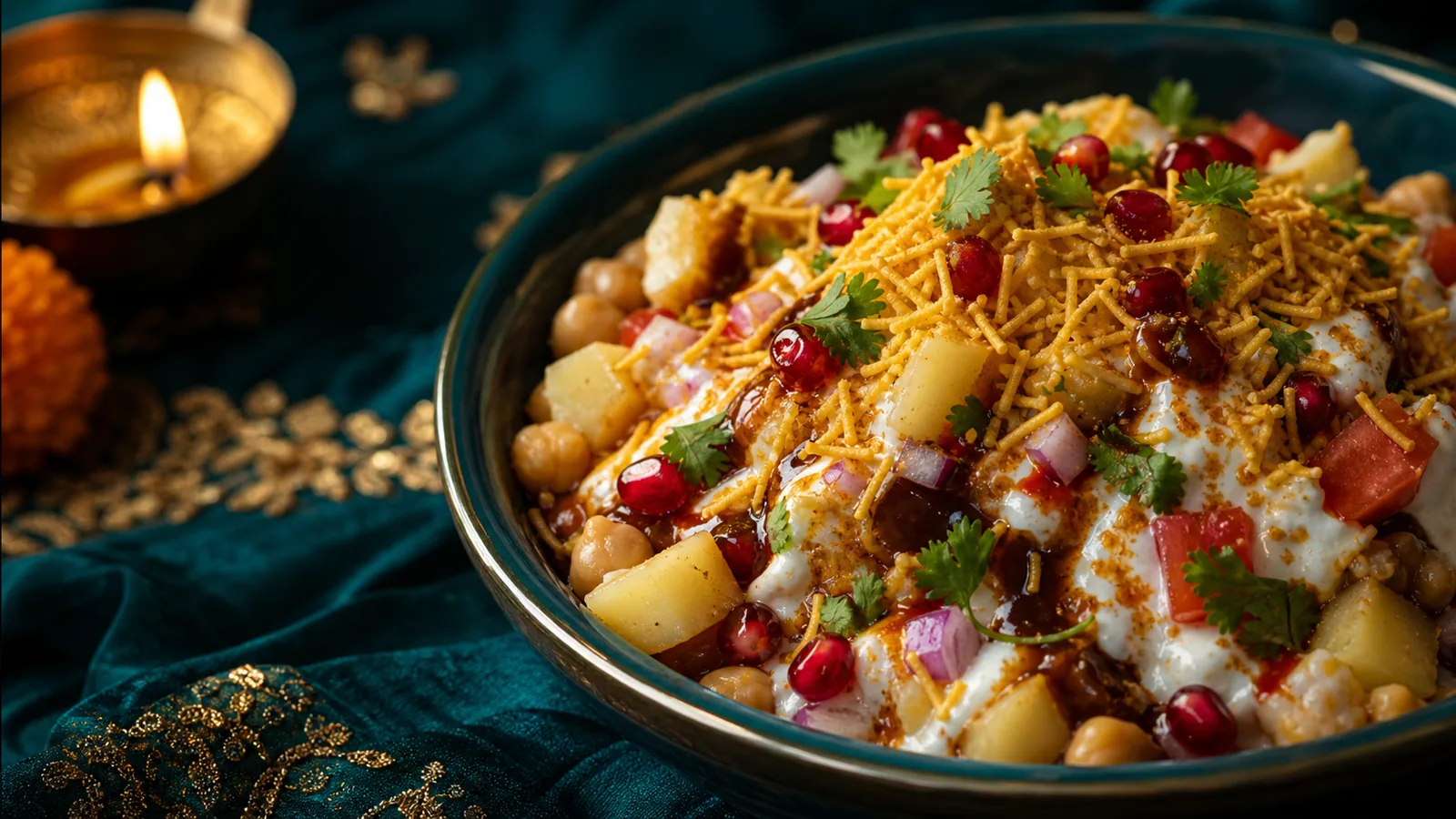 Sev puri chaat being assembled with papdi, chutneys, and sev for a Diwali party platter