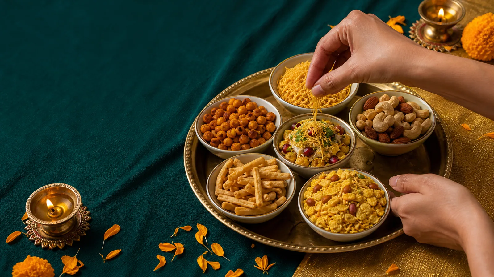 Layered savoury Diwali food table with farsan, namkeen, and chaat platters