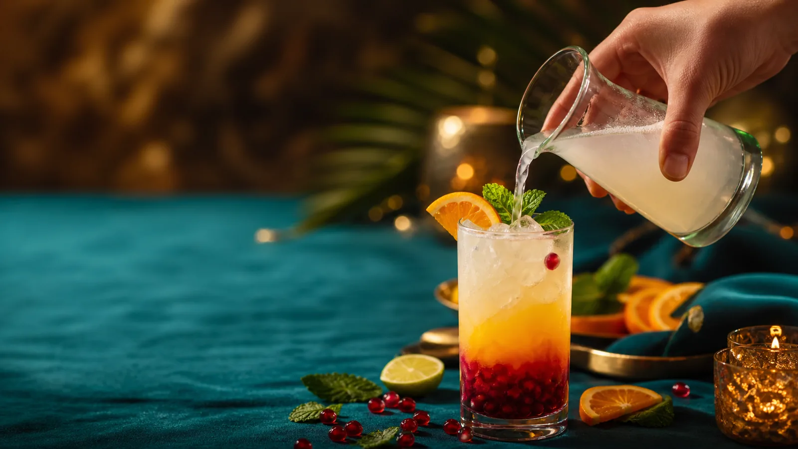 Pouring soda water into a festive tropical punch recipe in a glass bowl