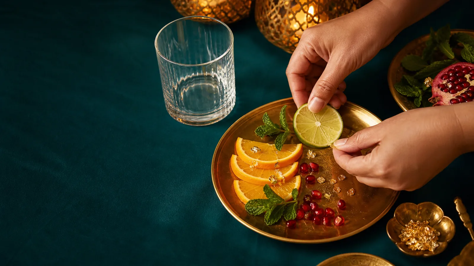 Two glasses of spiced pomegranate Diwali party drinks on a festively lit table
