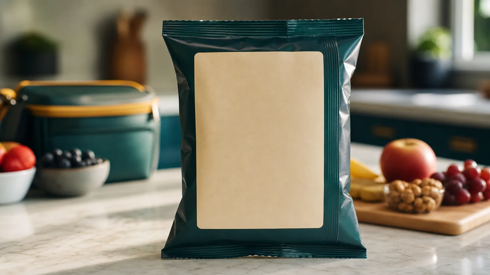 Simple icon illustration comparing a serving size measure against a full snack pouch