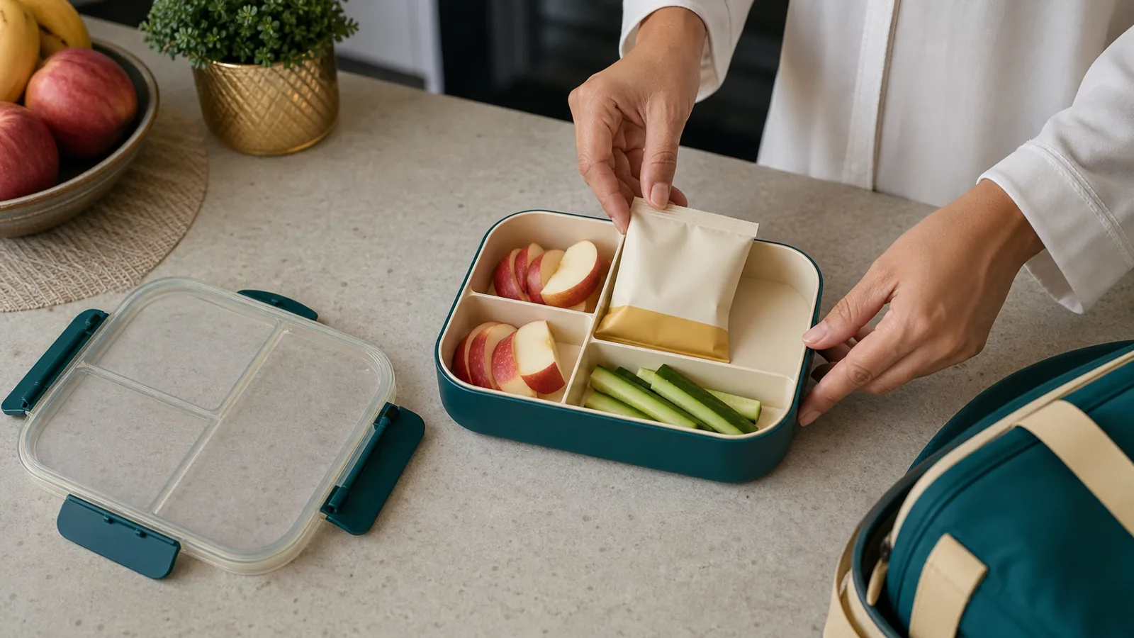 Parent packing a children's snack into a lunchbox alongside a few snack packs on a kitchen counter