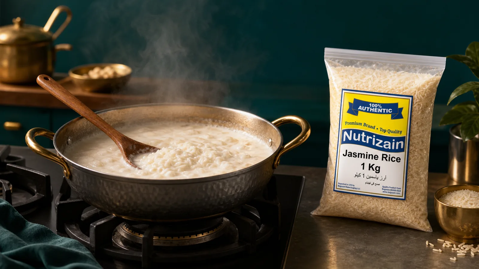 Milk simmering gently in a heavy-bottomed pan on the stove for a kheer recipe