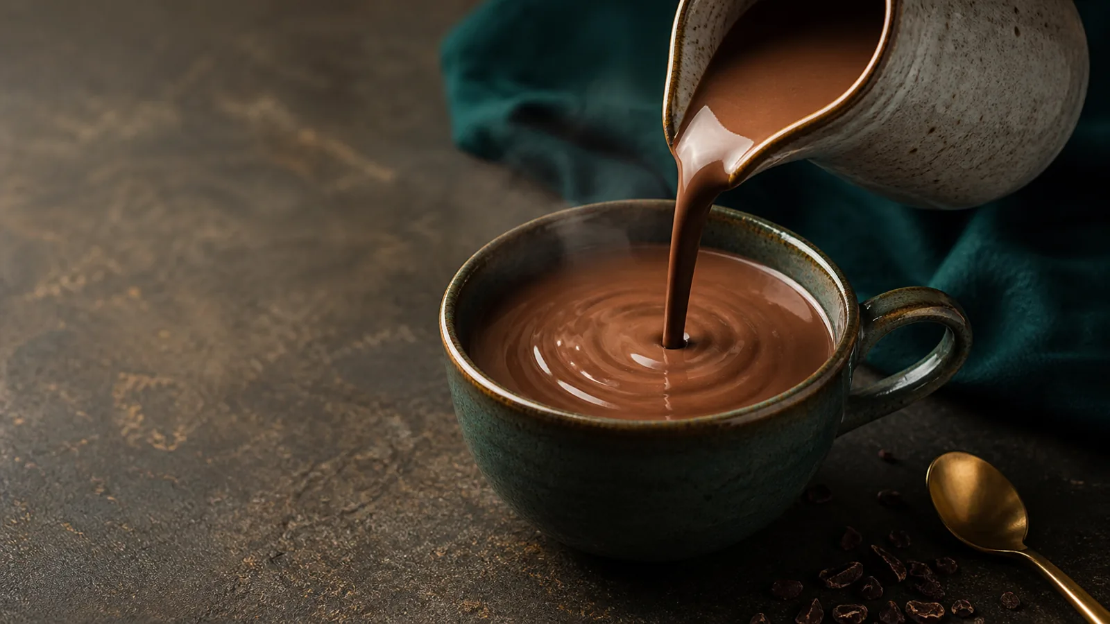 Two mugs of homemade hot chocolate with cinnamon and dark chocolate on a tray