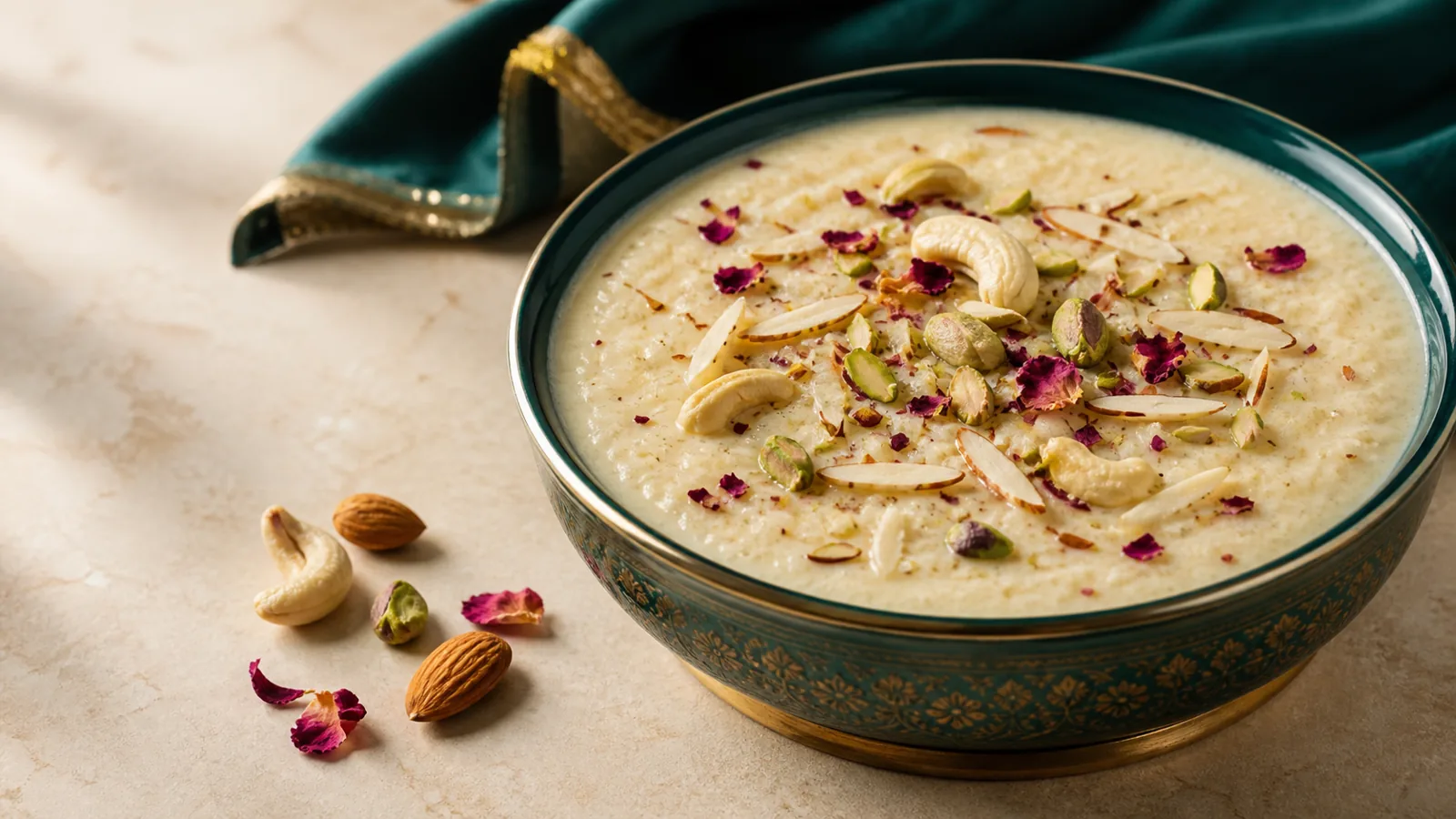 Festive dessert table with kheer, doodh peda, and kalakand for Diwali