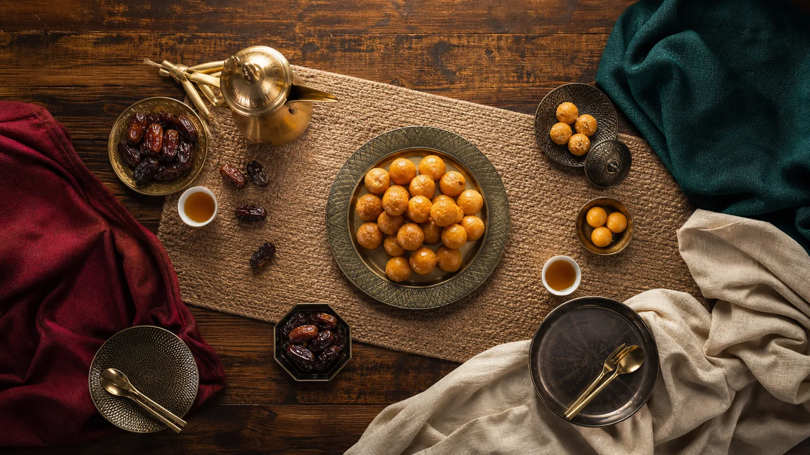 Savoury and sweet sharing plates with gahwa and dates for a UAE National Day gathering