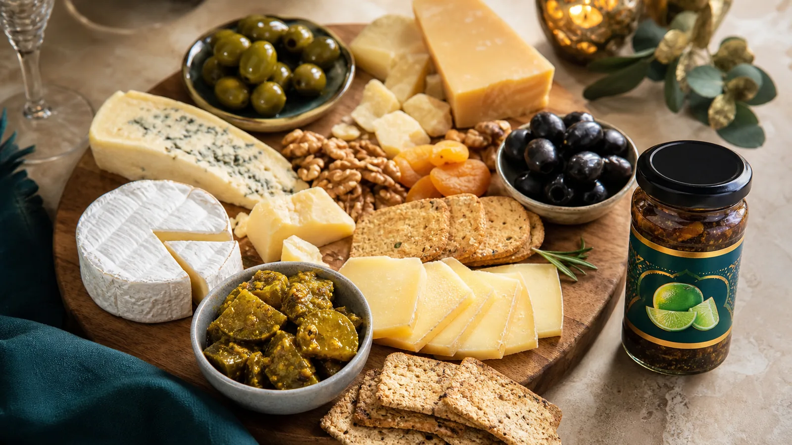 Mediterranean pasta salad recipe served in a bowl alongside a grazing board