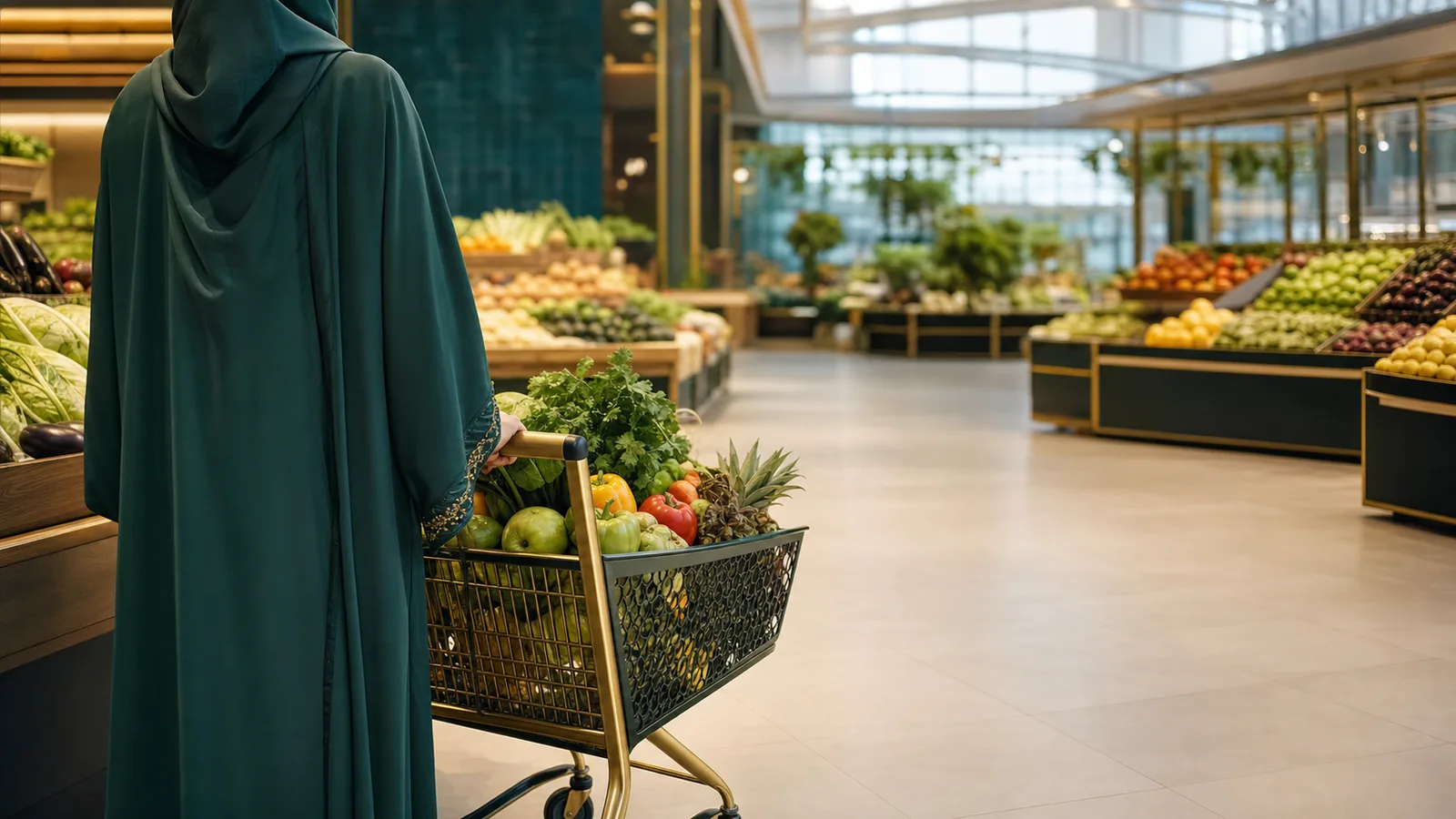 A shopping trolley in a spacious hypermarket aisle, part of the UAE hypermarket tier of grocery retail