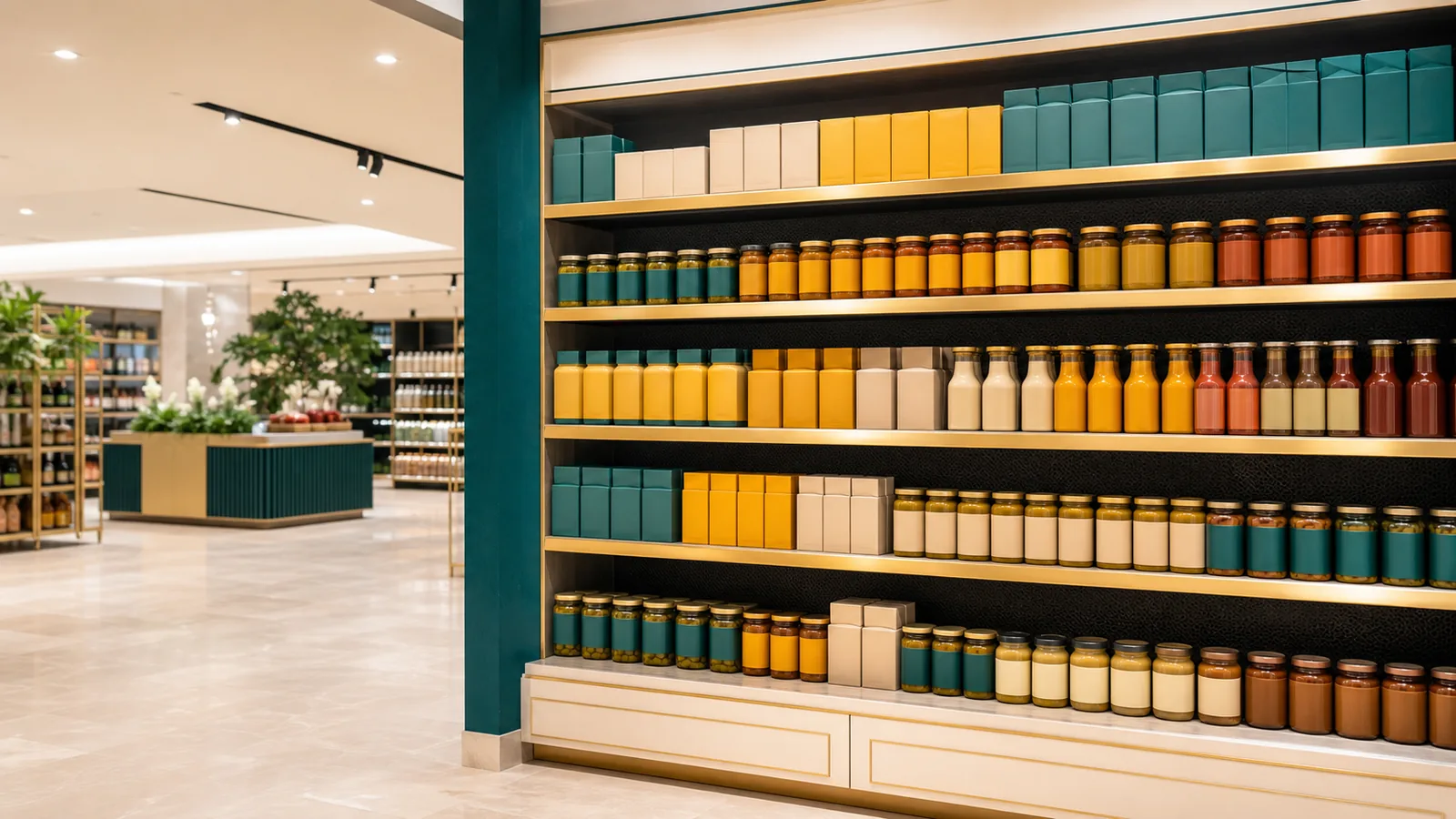 A curated premium grocery shelf display, representing the UAE's premium supermarket tier