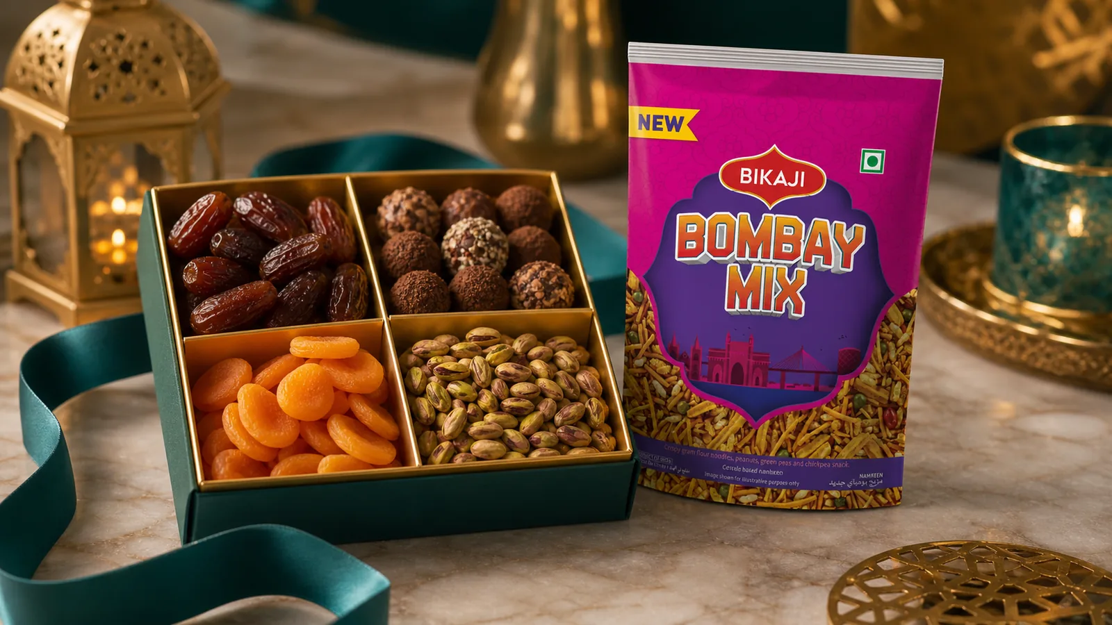 Bowl of savoury namkeen snack mix next to its pack, part of the snacks category GCC shoppers buy every day