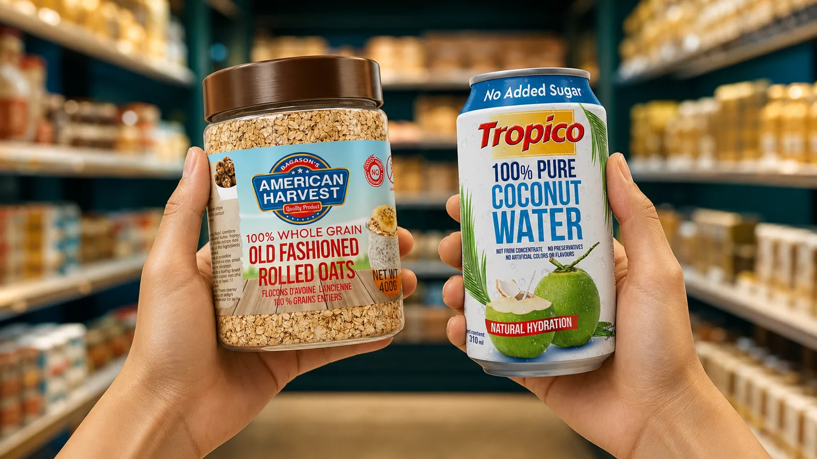 Hands scooping bulk rice into a container beside tea and snack packs, showing bulk-buying habits common among South Asian households in the UAE