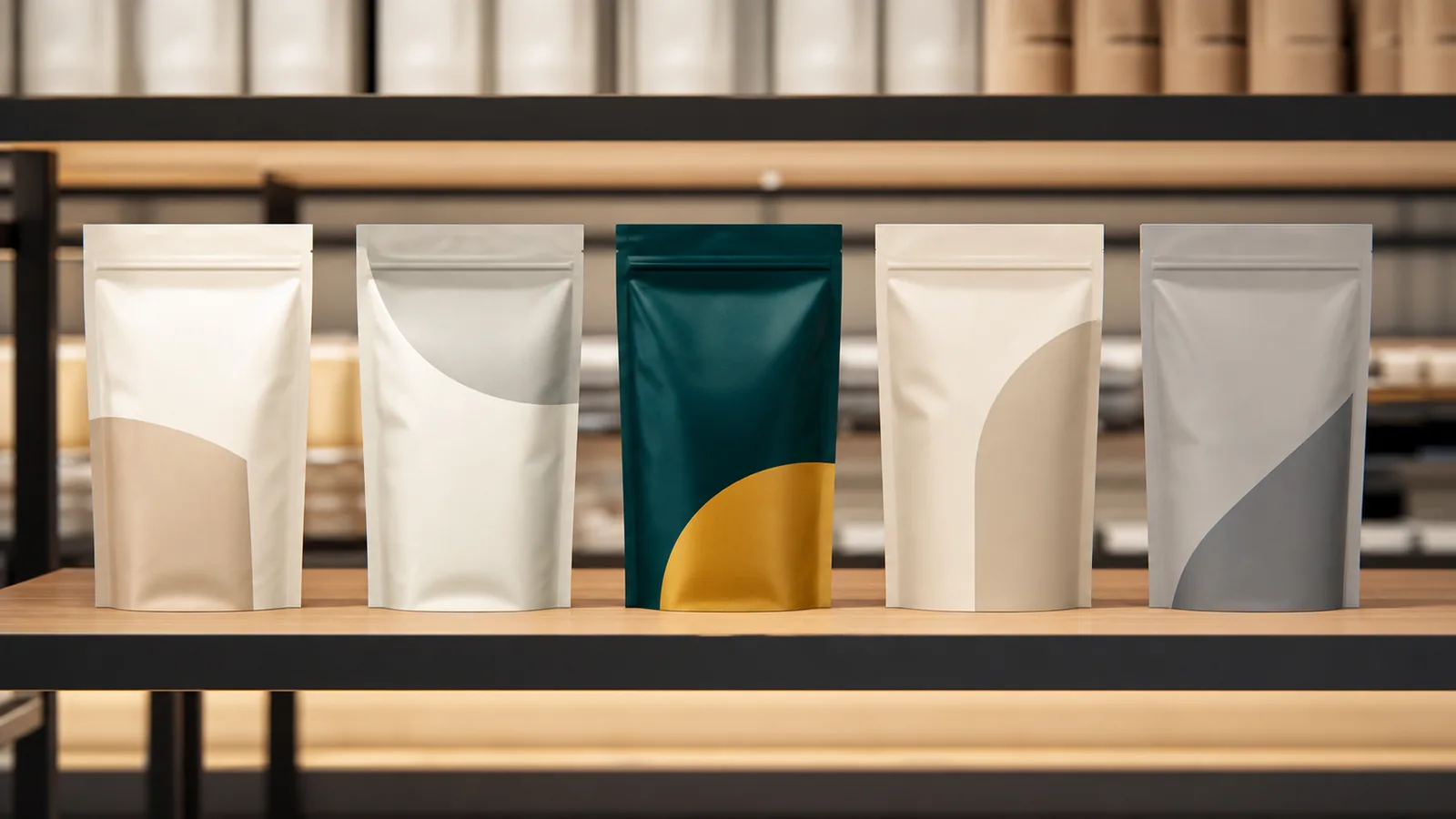 A modern-trade grocery shelf set showing varied packs with distinct colour blocks, relevant to shelf standout GCC retail design