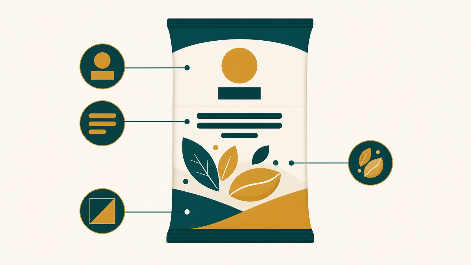 Icon-only infographic of a pack-front hierarchy divided into logo, name, colour-block and regulatory-text zones