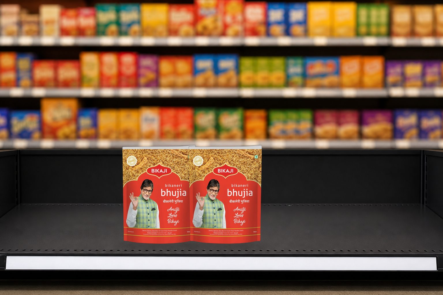 Close-up of branded snack and spice packaging faced forward on a supermarket shelf next to competitor products