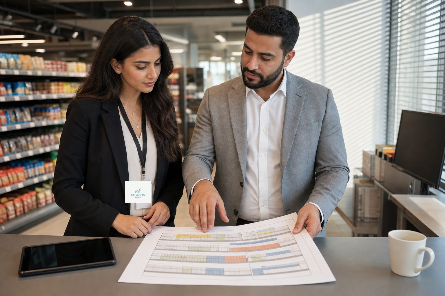 Category manager and brand representative reviewing a printed planogram layout in a supermarket back office