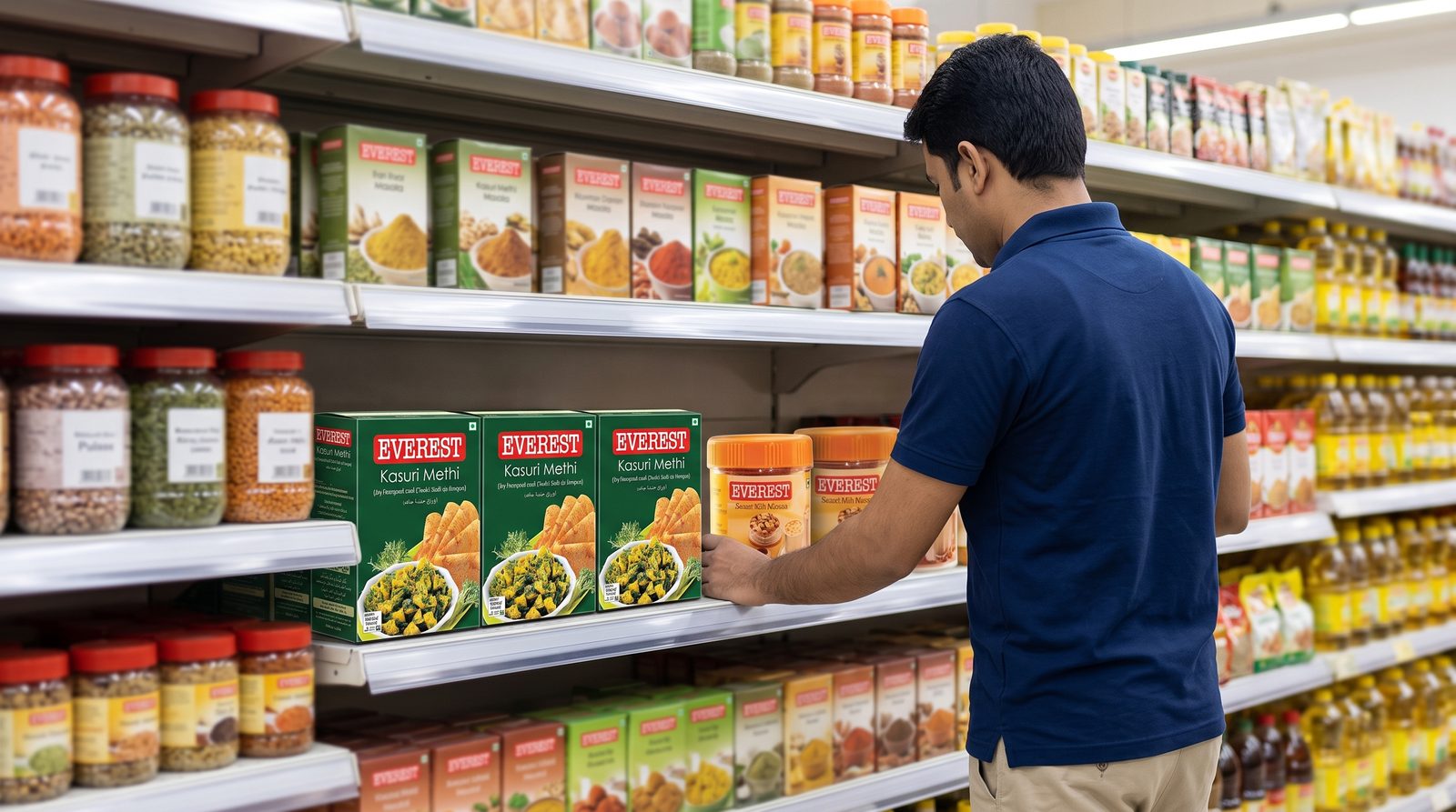 Merchandiser checking stock levels and shelf facings during a supermarket planogram compliance visit