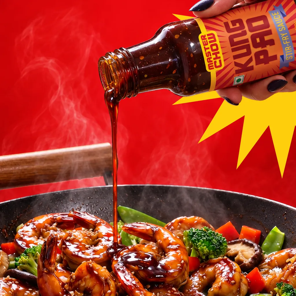 MasterChow sauce being poured into a wok