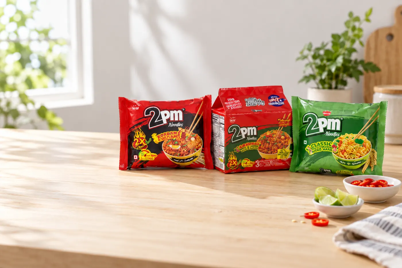 2PM noodle packs on light wood table with chilli and lime - 2PM Akabare and Korean Ramen