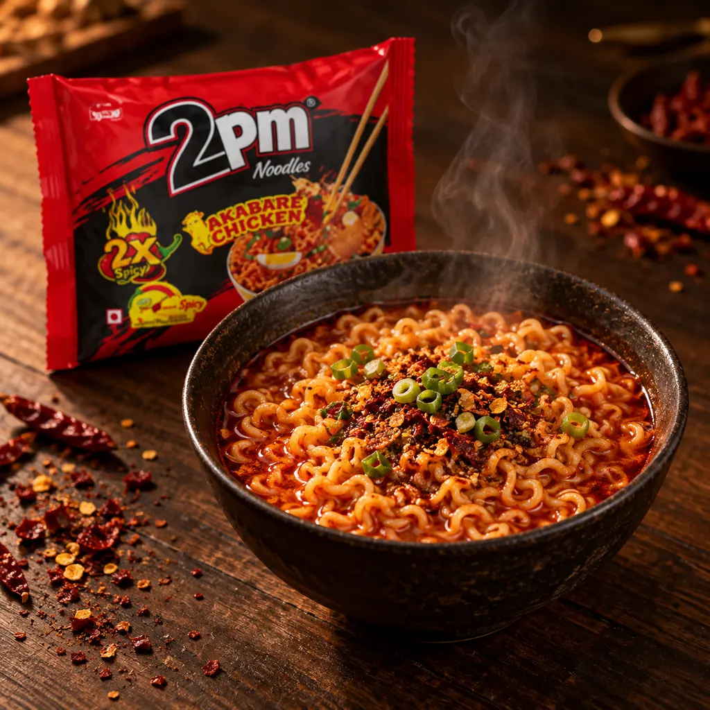 2PM Akabare Chicken pack behind steaming chilli-oil noodle bowl