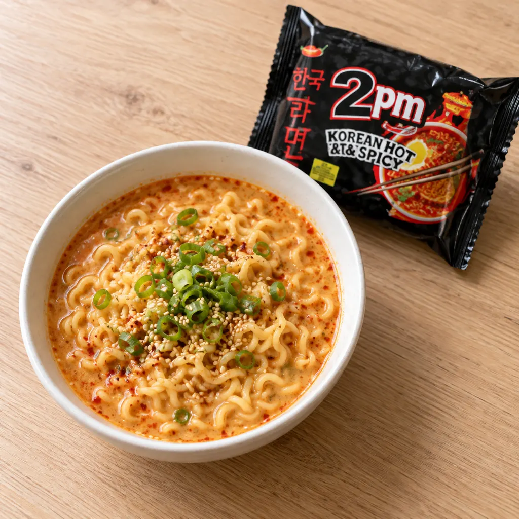 2PM Korean Ramen pack beside creamy ramen bowl with sesame
