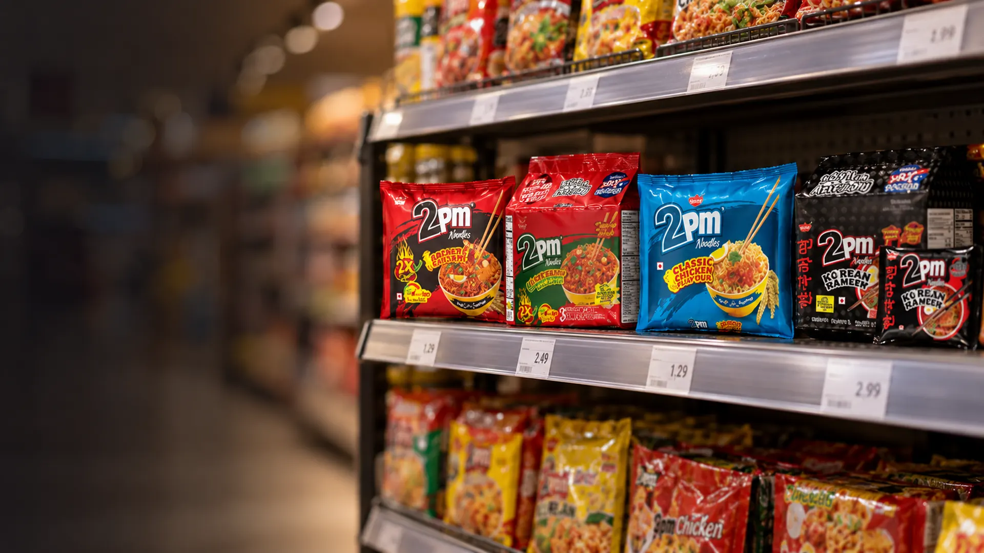 Supermarket aisle with 2PM noodle packs faced on shelf