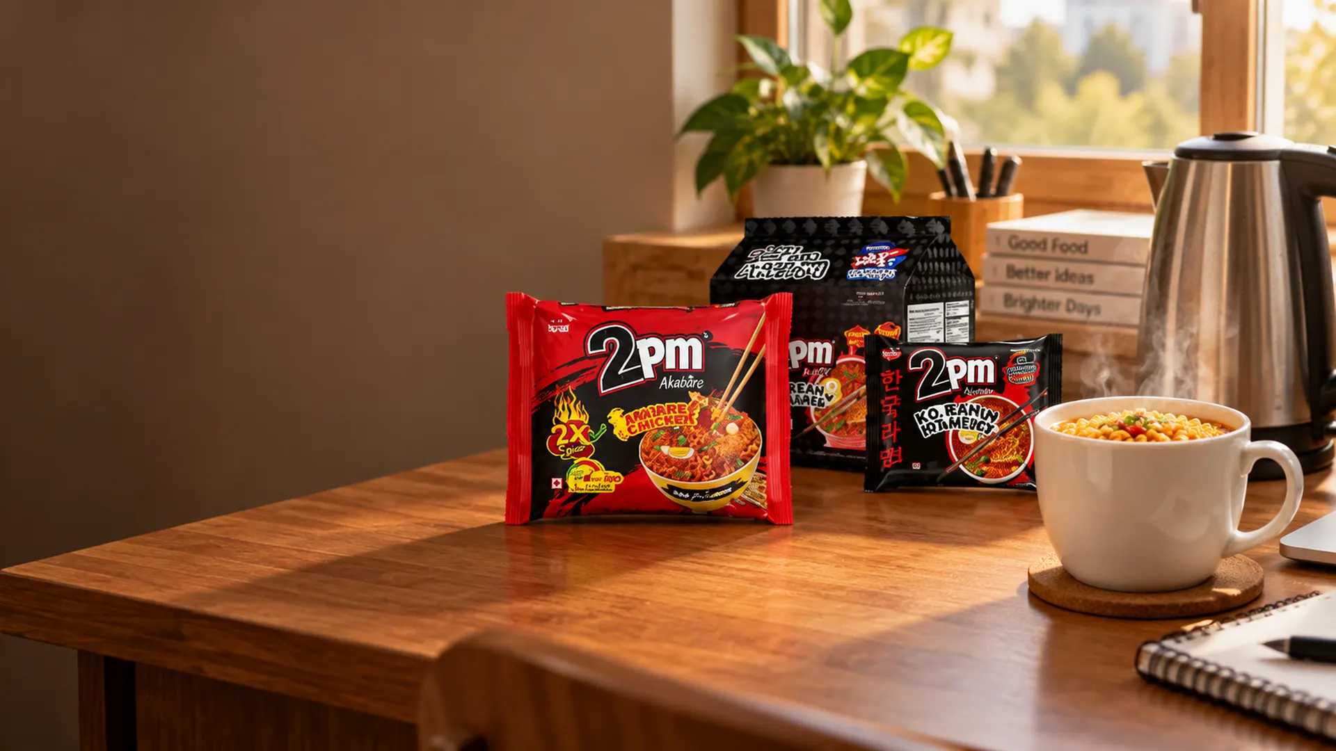 Office pantry desk with 2PM packs beside steaming noodle mug and kettle