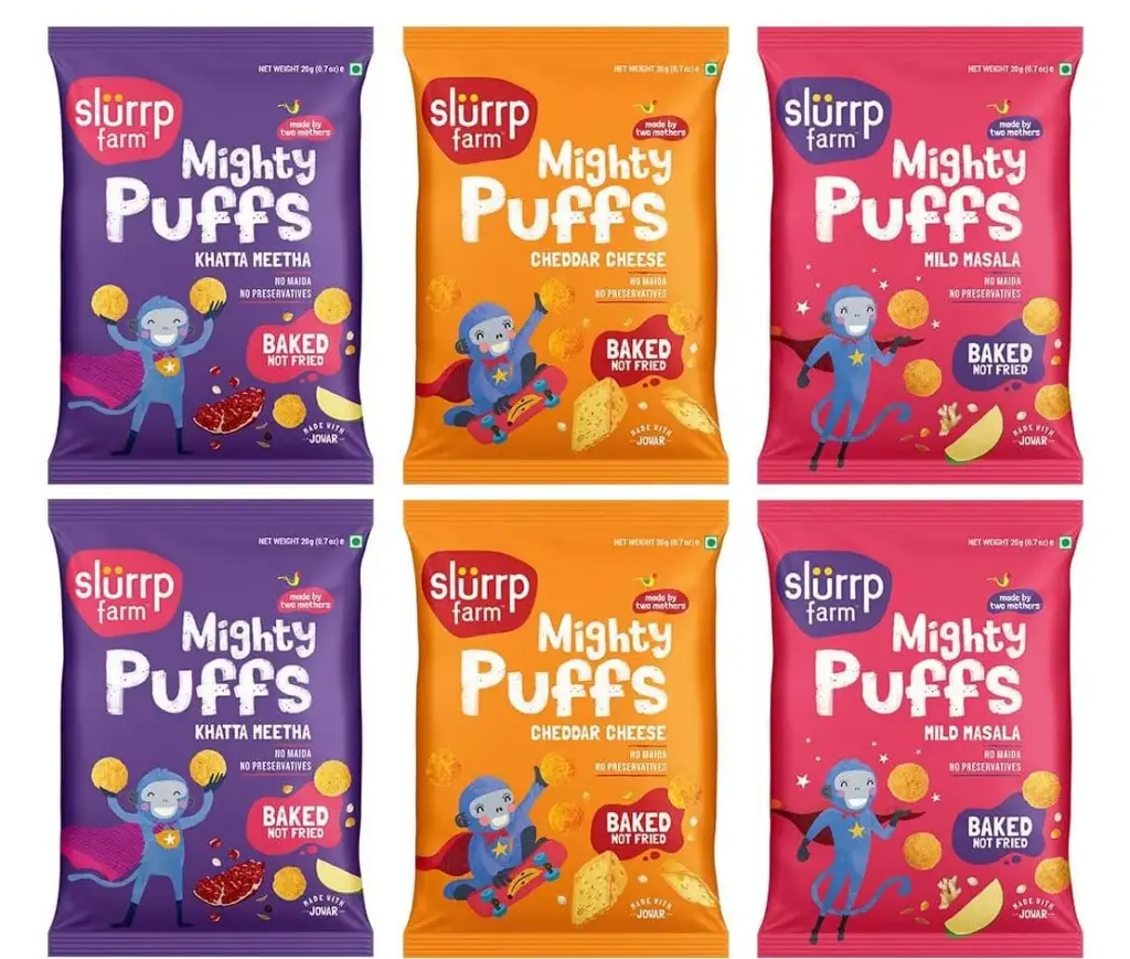 Slurrp Farms Jowar Puffs combo - Cheddar cheese (2), Khatta Meetha (2), Mild Masala (2) (15x120 gms)