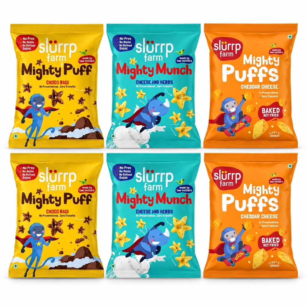 Slurrp Farms Ragi Snacks combo - Choco Ragi (2), Cheddar Cheese (2), Cheese and Herbs (2) (15x120gms)
