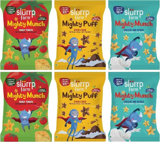 [SLF-17] Slurrp Farms Ragi Snacks combo - Choco Ragi (2), Tangy Tomato (2), Cheese and Herbs (2) (15x120gms)